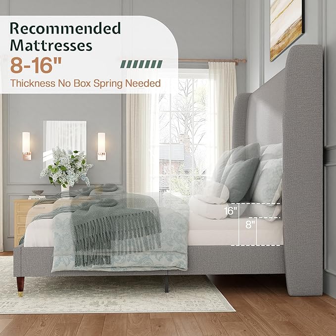 Jocisland Queen Size Bed Frame 51.2" Wingback Headboard Linen Upholstered Platform Bed with Solid Wood Legs & Wooden Slats, No Box Spring Needed, Modern Minimalist Style, Easy Assembly, Light Gray