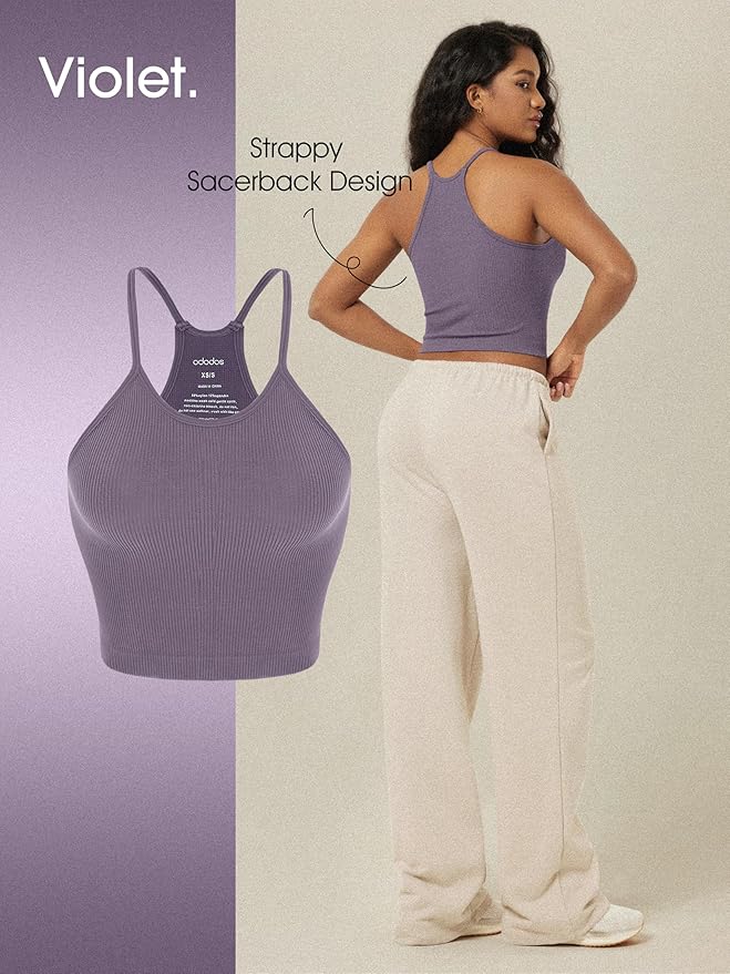 ODODOS Women's Crop 3-Pack Seamless Rib-Knit Camisole Crop Tank Tops