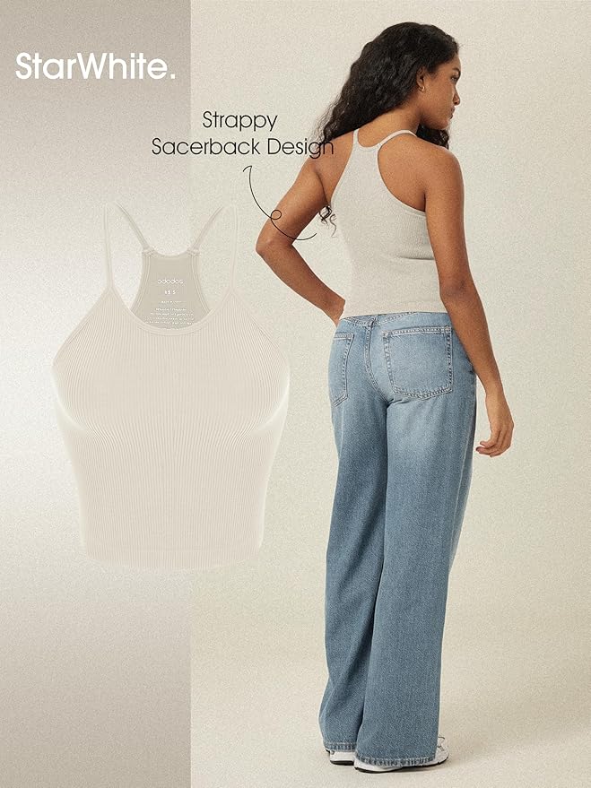 ODODOS Women's Crop 3-Pack Seamless Rib-Knit Camisole Crop Tank Tops