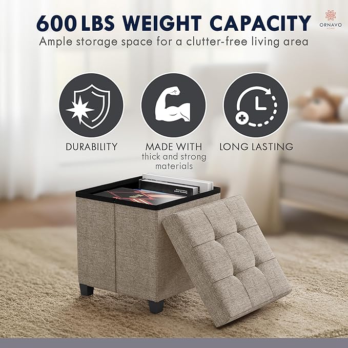 Ornavo Home Storage Ottoman with Legs, Square Cube Foot Rest Stool Seat, for Living Room, Bedroom, Home Office, Dorm - 15 x 15 x 15, Tan