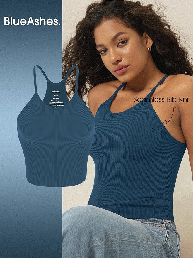 ODODOS Women's Crop 3-Pack Seamless Rib-Knit Camisole Crop Tank Tops