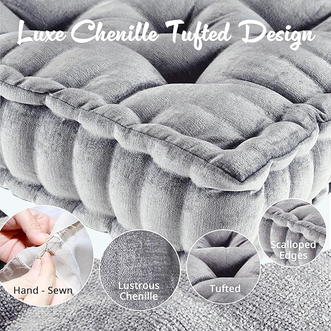 Intelligent Design Azza Floor Pillow, Large Cushions Sitting for Adults, Floor Pillow for Meditation or Yoga, Lustrous Chenille Tufted with Scalloped Edges for Bench/Chair Cushion, 20"x20"x5" Grey