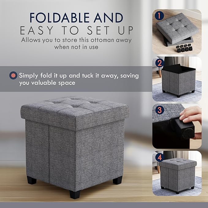 Ornavo Home Storage Ottoman with Legs, Square Cube Foot Rest Stool Seat, for Living Room, Bedroom, Home Office, Dorm - 15 x 15 x 15, Gray