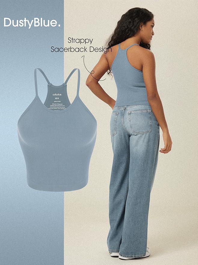 ODODOS Women's Crop 3-Pack Seamless Rib-Knit Camisole Crop Tank Tops