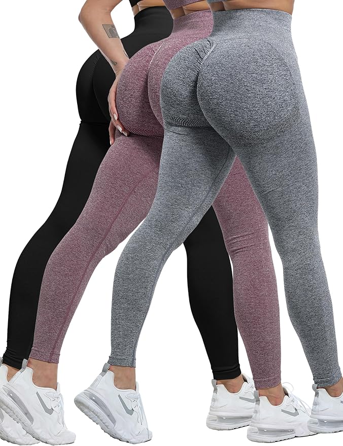 CHRLEISURE Workout Leggings Sets for Women, Gym Scrunch Butt Butt Lifting Seamless Leggings 3 Piece