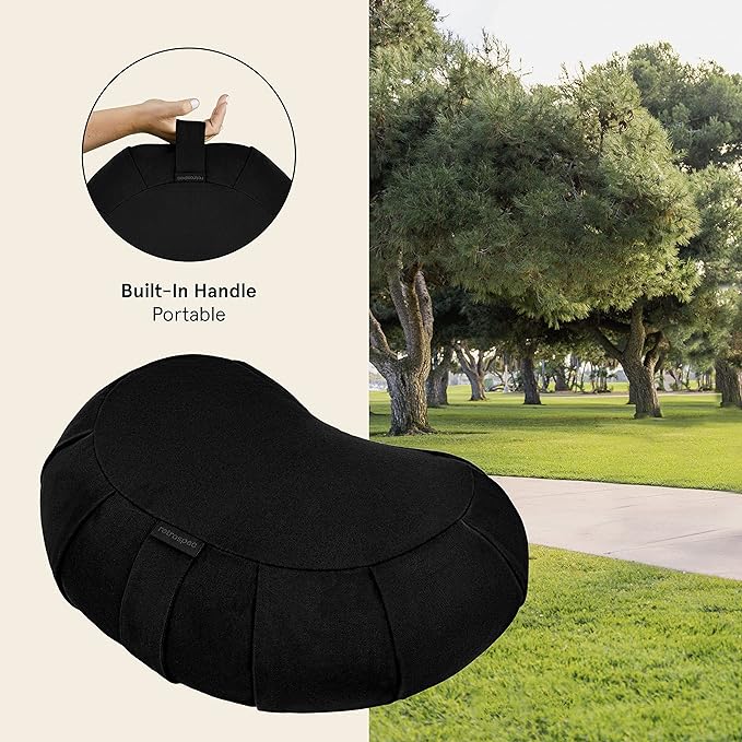 Retrospec Sedona Zafu Meditation Cushion Filled w/Buckwheat Hulls - Yoga Pillow for Meditation Practices - Machine Washable 100% Cotton Cover & Durable Carry Handle, Crescent, Black (Pack of 4)