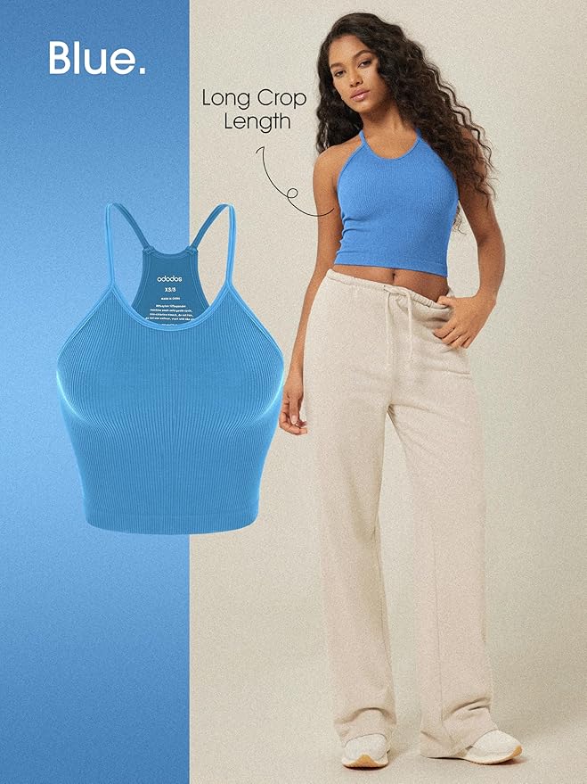 ODODOS Women's Crop 3-Pack Seamless Rib-Knit Camisole Crop Tank Tops