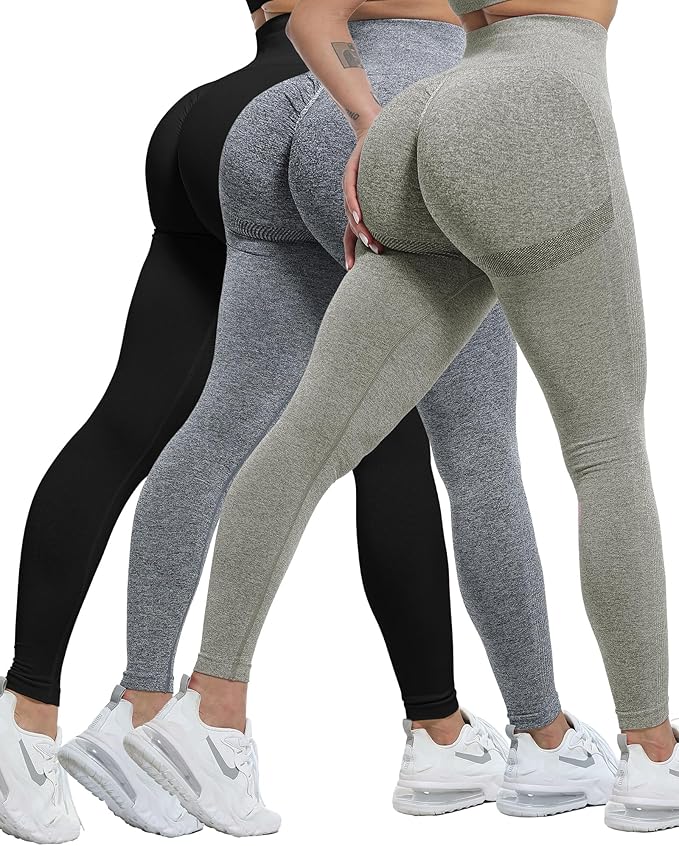 CHRLEISURE Workout Leggings Sets for Women, Gym Scrunch Butt Butt Lifting Seamless Leggings 3 Piece