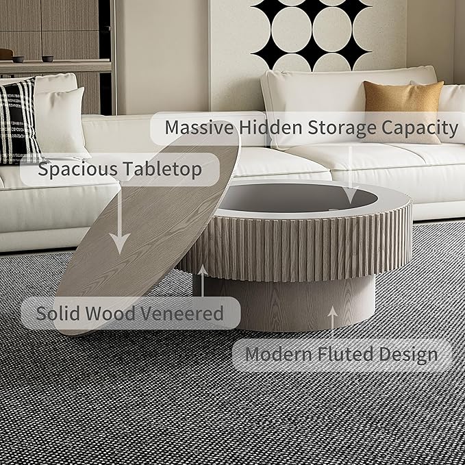 31.5'' Round Coffee Table with Storage, Modern Luxury Circle Drum Center Tables with Solid Wood Veneered, Accent Side Coffee Table for Living Room, Bedroom, Apartment-White
