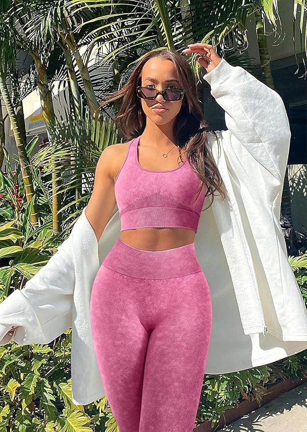OLCHEE Womens Workout Sets 2 Piece - Acid Wash Seamless Yoga Outfits High Waist Leggings Padded Racerback Sports Bra Gym Set