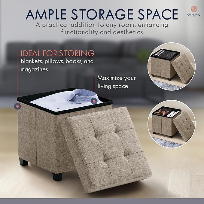 Ornavo Home Storage Ottoman with Legs, Square Cube Foot Rest Stool Seat, for Living Room, Bedroom, Home Office, Dorm - 15 x 15 x 15, Tan