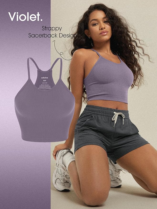 ODODOS Women's Crop 3-Pack Seamless Rib-Knit Camisole Crop Tank Tops