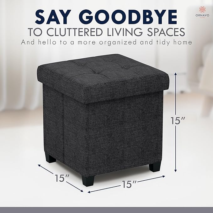 Ornavo Home Storage Ottoman with Legs, Square Cube Foot Rest Stool Seat, for Living Room, Bedroom, Home Office, Dorm - 15 x 15 x 15, Black