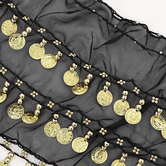 Belly Dance Hip Scarf Belly Dance Skirt 3-Layer Gold Sequins and Coins, Suitable for Yoga, Belly Dance, Performance