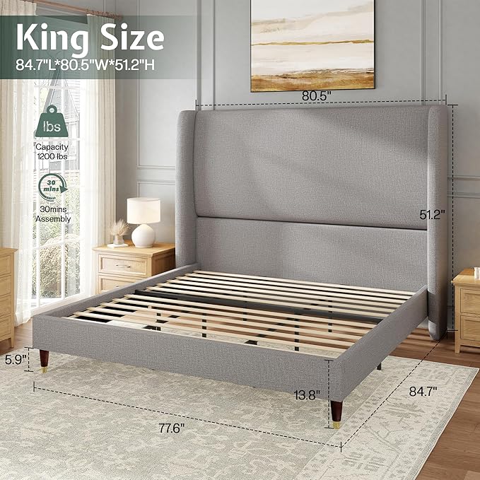Jocisland King Size Bed Frame 51.2" Wingback Headboard Linen Upholstered Platform Bed with Solid Wood Legs & Wooden Slats, No Box Spring Needed, Modern Minimalist Style, Easy Assembly, Light Gray
