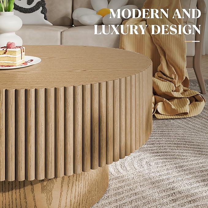YOUDENOVA 43.7” Oval Coffee Table, Modern Wood Fluted Coffee Table for Living Room, Veneer Handcrafted Relief Center Table with Sturdy Pedestal，Easy Assembly - Natural