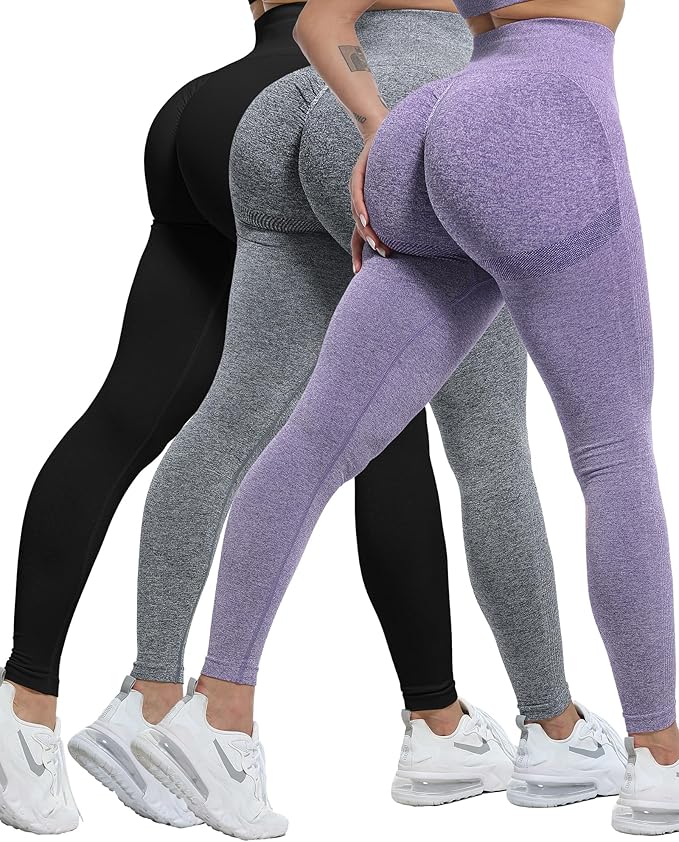 CHRLEISURE Workout Leggings Sets for Women, Gym Scrunch Butt Butt Lifting Seamless Leggings 3 Piece