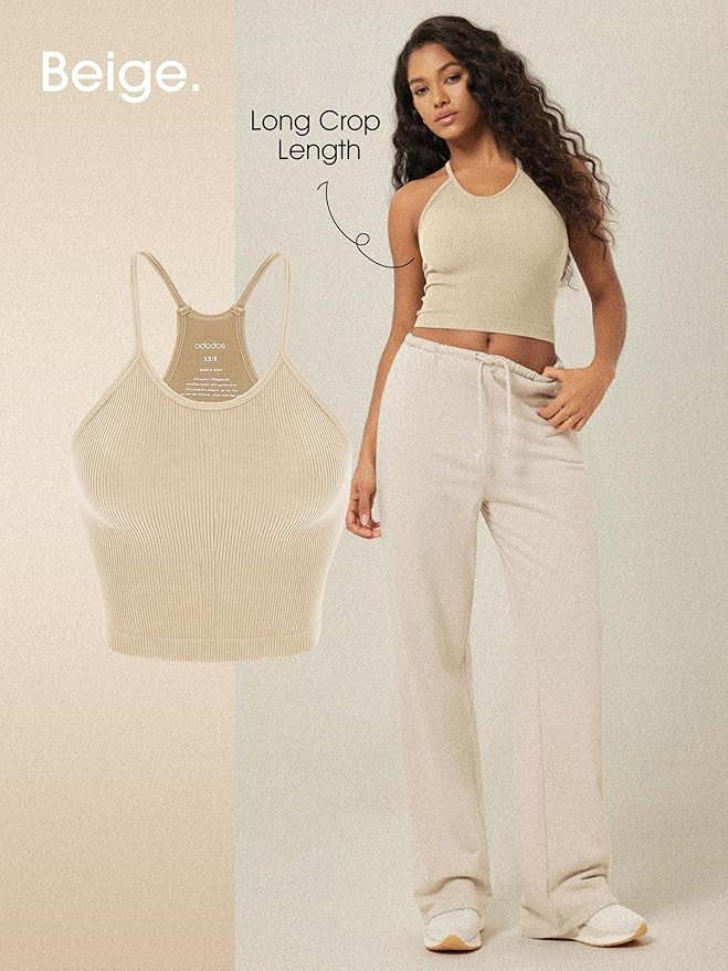 ODODOS Women's Crop 3-Pack Seamless Rib-Knit Camisole Crop Tank Tops