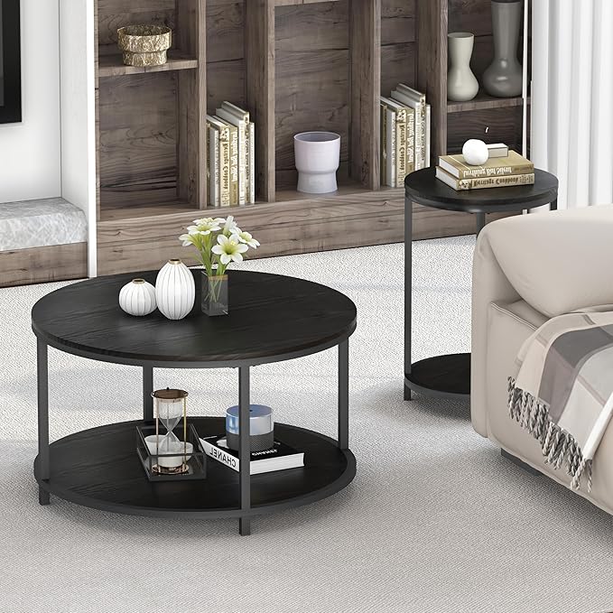NSdirect Round Coffee Table, 27.6" Small Coffee Table for Living Room,2-Tier Rustic Wood Desktop with Storage Shelf Modern Design Home Furniture(Black)