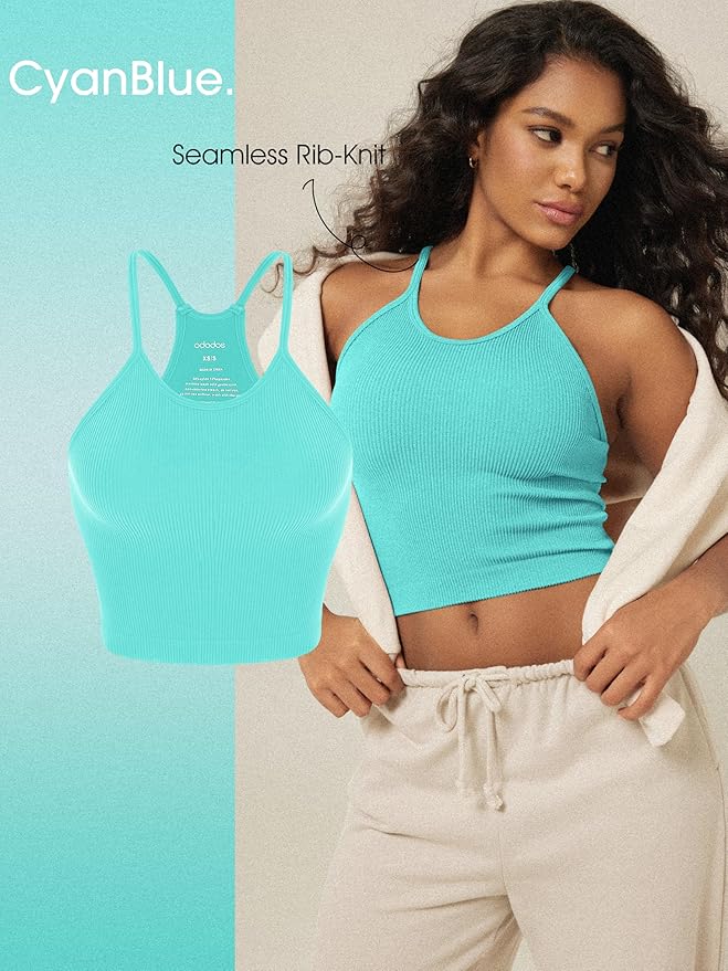 ODODOS Women's Crop 3-Pack Seamless Rib-Knit Camisole Crop Tank Tops