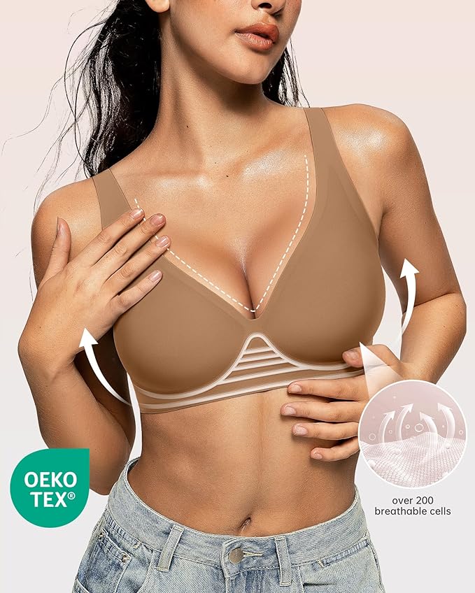 OEAK Womens Deep V Bras Wireless Comfortable Bra Supportive No Underwire Bras Tshirt Push Up Bralettes Plunge Seamless Bra