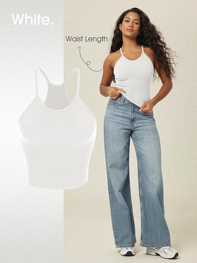 ODODOS Women's Crop 3-Pack Seamless Rib-Knit Camisole Crop Tank Tops