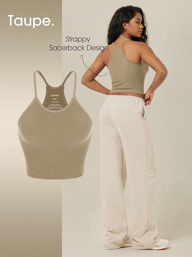 ODODOS Women's Crop 3-Pack Seamless Rib-Knit Camisole Crop Tank Tops