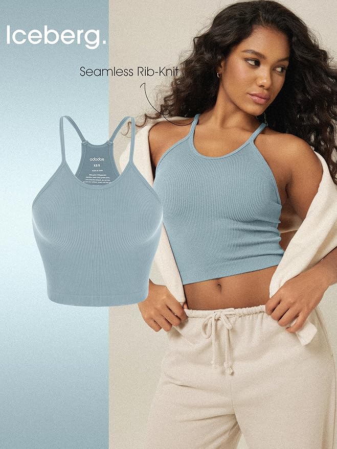 ODODOS Women's Crop 3-Pack Seamless Rib-Knit Camisole Crop Tank Tops