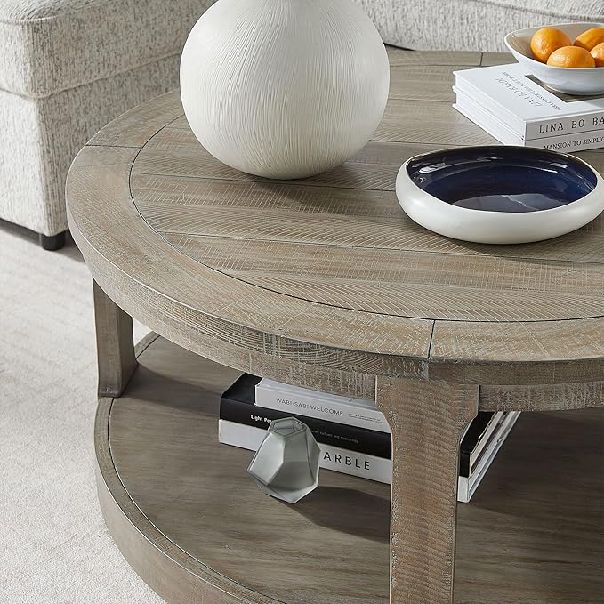 40" Round Wood Coffee Table, 2 Tier Modern Center Table with Roller Wheels,Solid Wood+MDF, Easy Assembly, Accent Table for Living Room, Apartment, Small Space. (Light Brown)