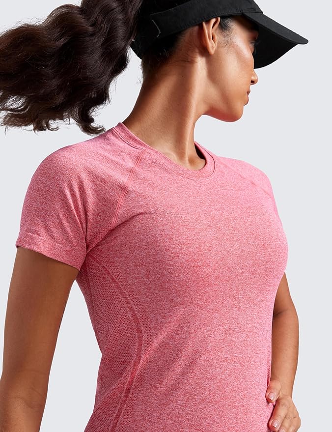 CRZ YOGA Seamless Workout Tops for Women Waist Length - Running Gym Athletic Yoga Short Sleeve Shirts Breathable Crewneck