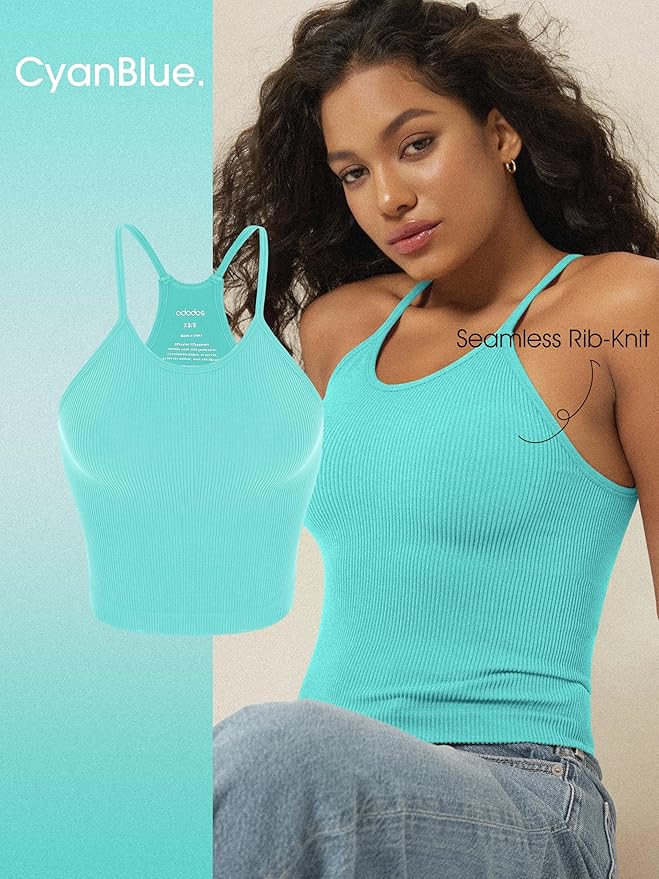 ODODOS Women's Crop 3-Pack Seamless Rib-Knit Camisole Crop Tank Tops