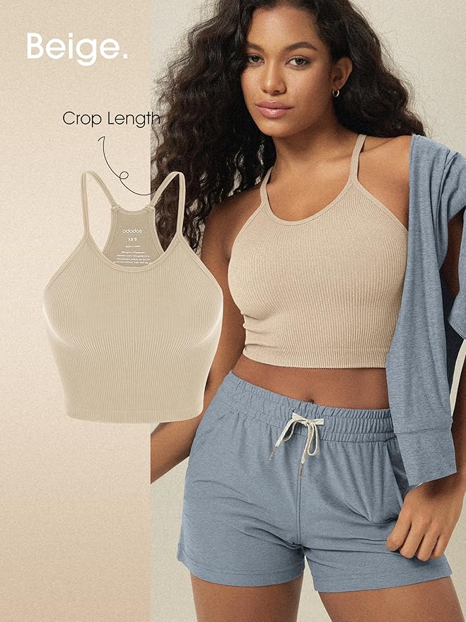 ODODOS Women's Crop 3-Pack Seamless Rib-Knit Camisole Crop Tank Tops