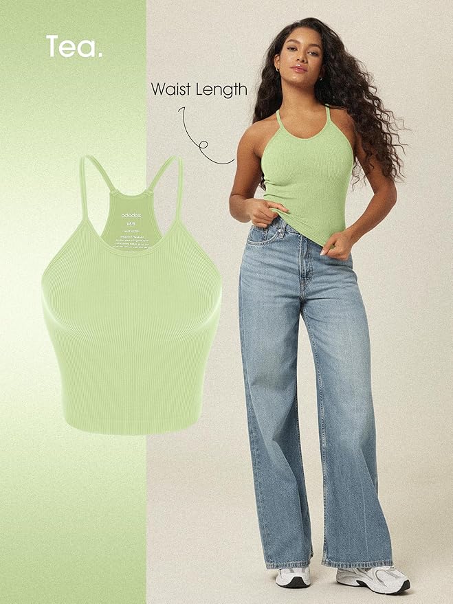 ODODOS Women's Crop 3-Pack Seamless Rib-Knit Camisole Crop Tank Tops