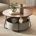Manora Small Round Coffee Table for Living Room, Modern Center Table with Fabric Basket Storage, Cute Circle Table for Small Spaces, Metal Frame, Brown