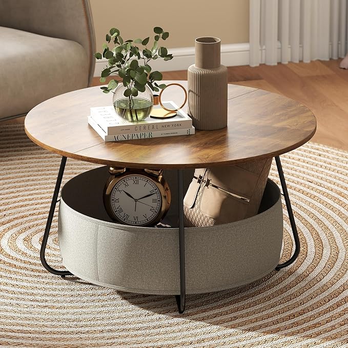Manora Small Round Coffee Table for Living Room, Modern Center Table with Fabric Basket Storage, Cute Circle Table for Small Spaces, Metal Frame, Brown
