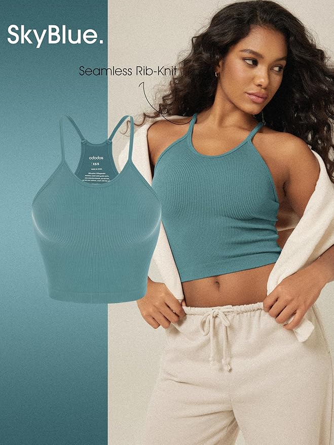 ODODOS Women's Crop 3-Pack Seamless Rib-Knit Camisole Crop Tank Tops