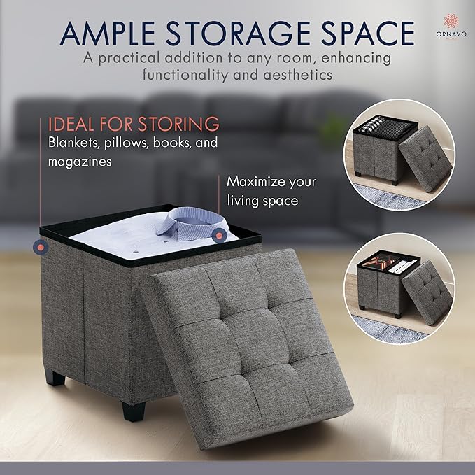 Ornavo Home Storage Ottoman with Legs, Square Cube Foot Rest Stool Seat, for Living Room, Bedroom, Home Office, Dorm - 15 x 15 x 15, Dark Gray