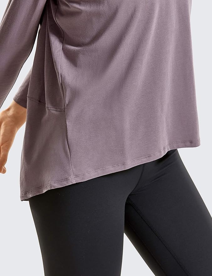 CRZ YOGA Pima Cotton Boat Neck Long Sleeve Shirts for Women - Workout Athletic Yoga Casual Tops Loose Fit Fall T-Shirts