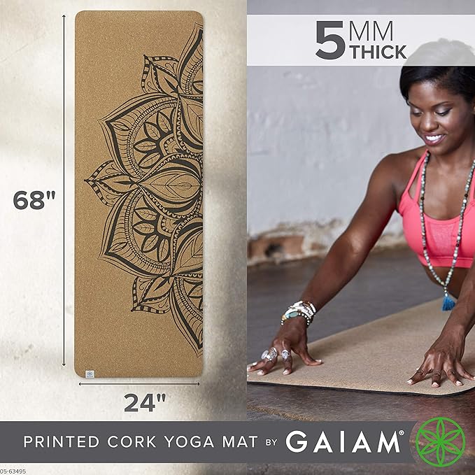 Gaiam Cork Yoga Exercise Mat | Natural Sustainable Cork Resists Sweat and Odors | Non-Slip TPE Backing Prevents Slipping| Great for Hot Yoga, Pilates, Fitness Working Out (68" x 24"x 5mm Thick)