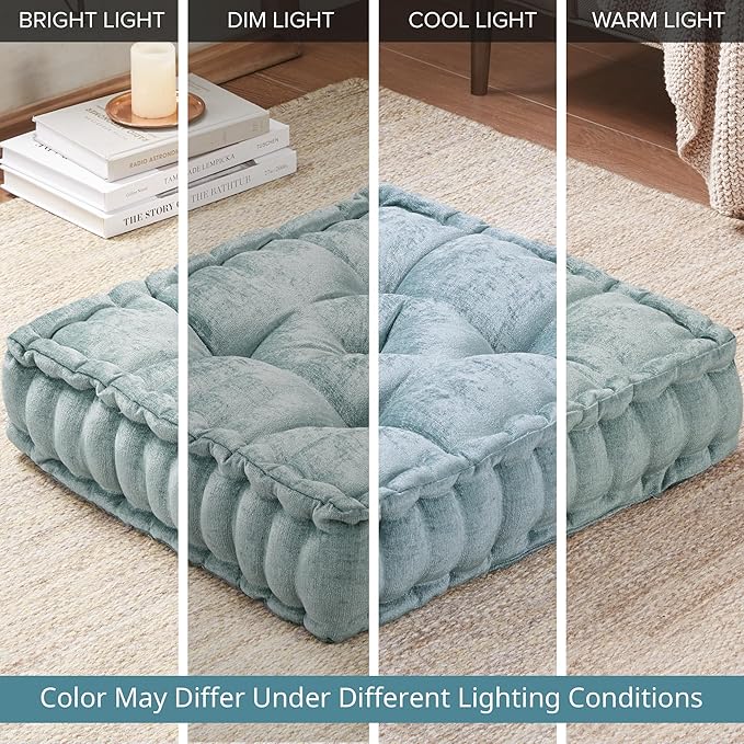Intelligent Design Azza Floor Pillow, Large Cushions Sitting for Adults, Floor Pillow for Meditation or Yoga, Lustrous Chenille Tufted with Scalloped Edges for Bench/Chair Cushion, 20"x20"x5" Aqua