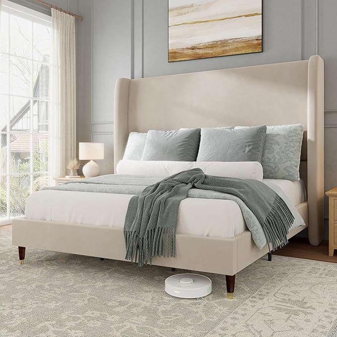 Jocisland Queen Size Bed Frame 51.2" Wingback Headboard Velvet Upholstered Platform Bed with Solid Wood Legs & Wooden Slats, No Box Spring Needed, Modern Minimalist Style, Easy Assembly, Off-White