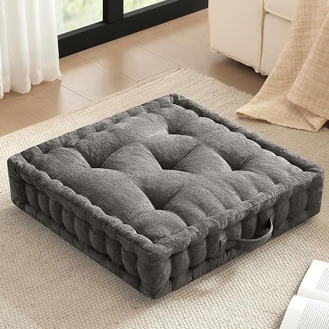 Intelligent Design Large Floor Pillow for Adults Yoga or Meditation Cushion with Handle, Floor Cushion for Board Games, Lustrous Chenille Tufted, Handsewn Scalloped Edge, Azza, 24" x 24" x 5" Charcoal