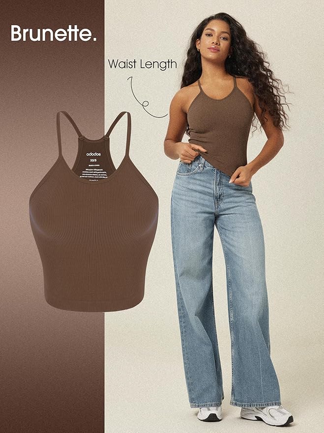ODODOS Women's Crop 3-Pack Seamless Rib-Knit Camisole Crop Tank Tops