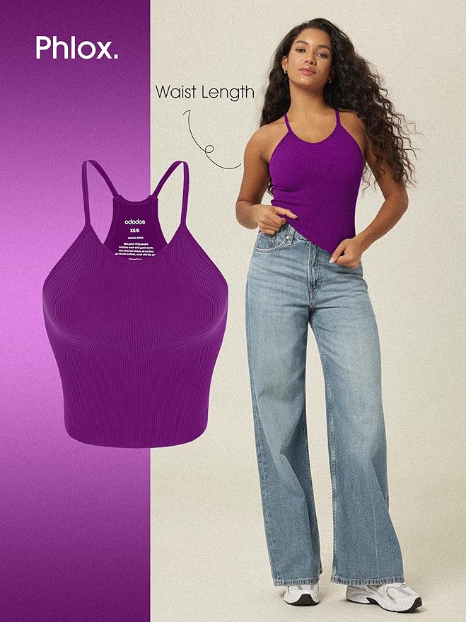ODODOS Women's Crop 3-Pack Seamless Rib-Knit Camisole Crop Tank Tops
