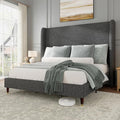 Jocisland King Size Bed Frame 51.2" Wingback Headboard Linen Upholstered Platform Bed with Solid Wood Legs & Wooden Slats, No Box Spring Needed, Modern Minimalist Style, Easy Assembly, Dark Gray
