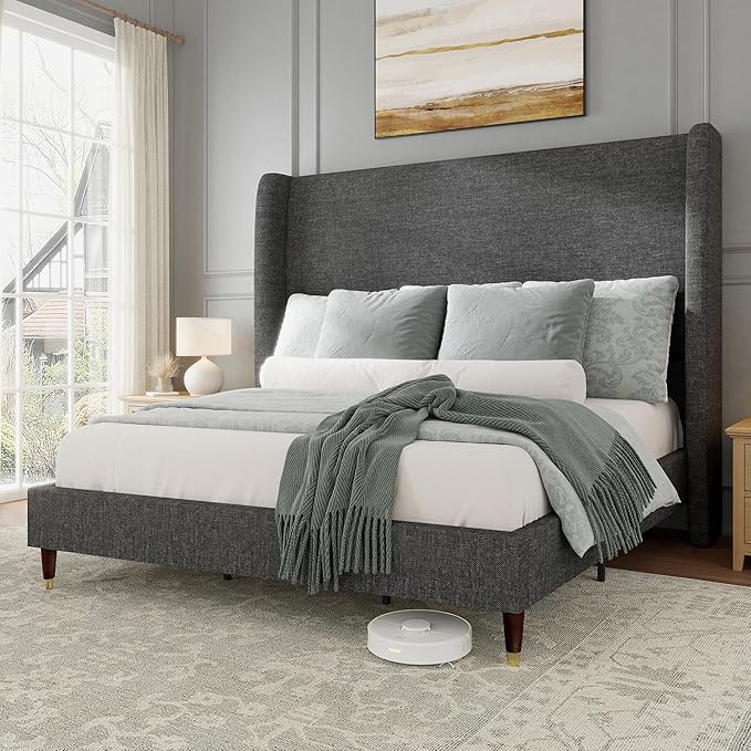 Jocisland King Size Bed Frame 51.2" Wingback Headboard Linen Upholstered Platform Bed with Solid Wood Legs & Wooden Slats, No Box Spring Needed, Modern Minimalist Style, Easy Assembly, Dark Gray