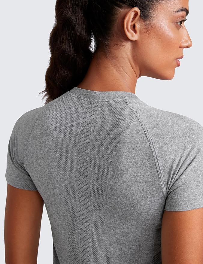 CRZ YOGA Seamless Workout Tops for Women Waist Length - Running Gym Athletic Yoga Short Sleeve Shirts Breathable Crewneck