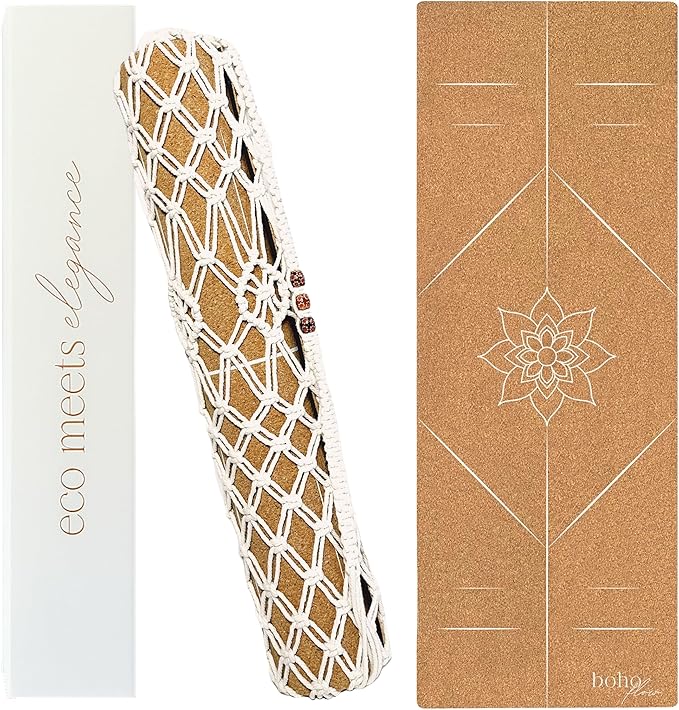 Premium Cork Yoga Mat Large 72"x26" – 5mm Thick Natural Rubber Cushioning - Non Slip Grip for Hot Yoga - Non-toxic & Odor-free - Stylish Alignment Lines & Elegant Boho Yoga Bag
