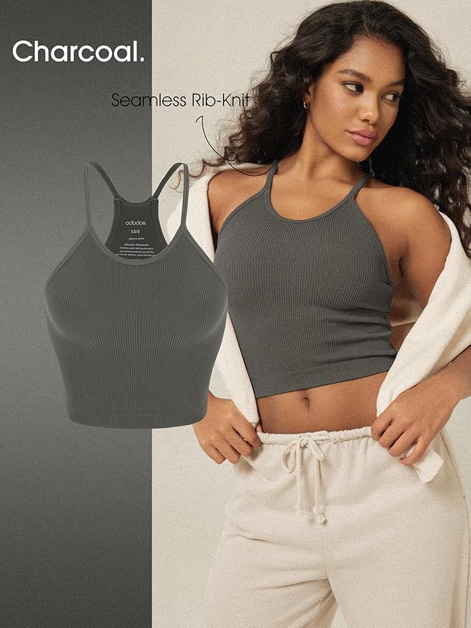 ODODOS Women's Crop 3-Pack Seamless Rib-Knit Camisole Crop Tank Tops