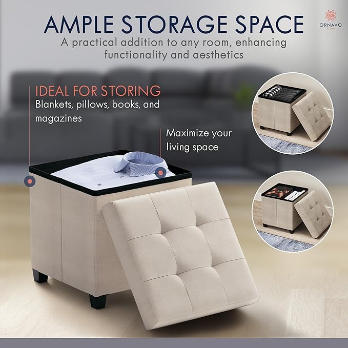 Ornavo Home Storage Ottoman with Legs, Square Cube Foot Rest Stool Seat, for Living Room, Bedroom, Home Office, Dorm - 15 x 15 x 15, Beige